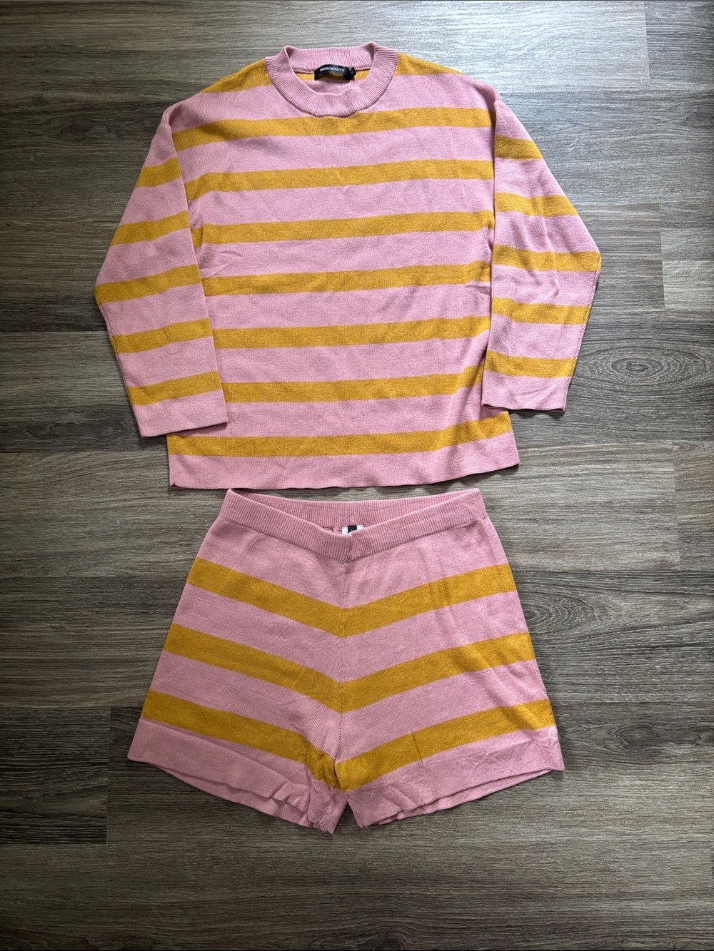 Striped Pink and Mustard Women's Knit Top & Shorts Set